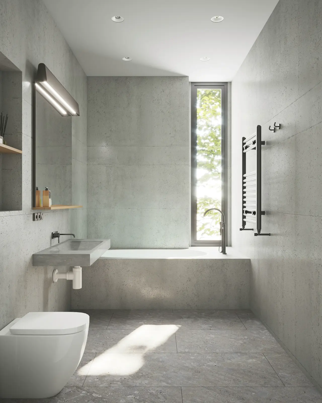 A bright, clean bathroom with a floating basin