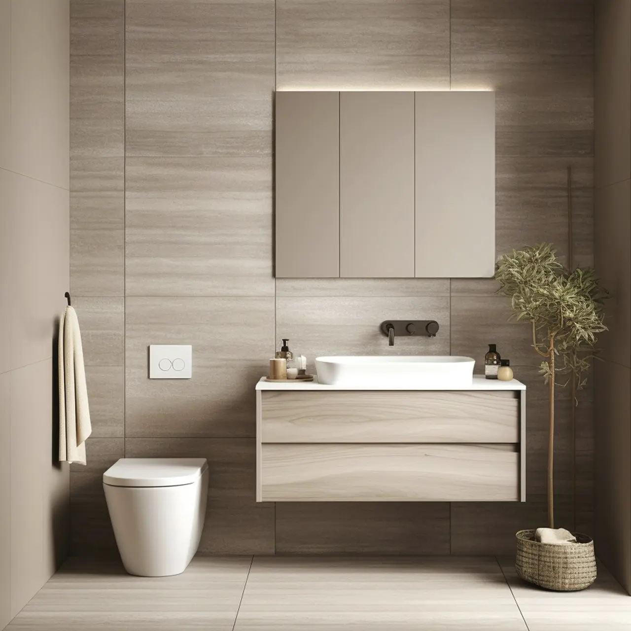 A modern bathroom with a floating timber vanity