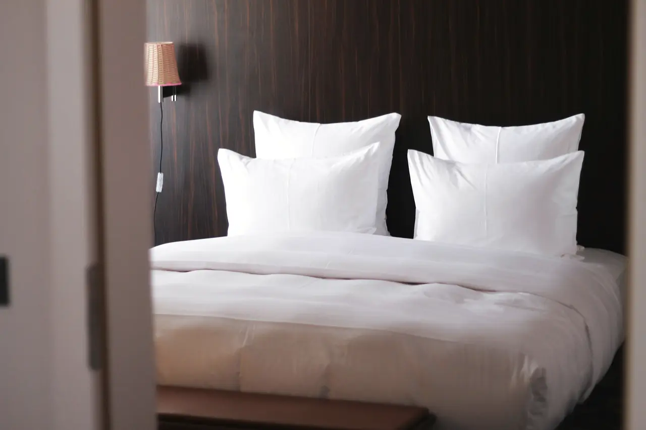 Crisp white pillows against a dark timber headboard