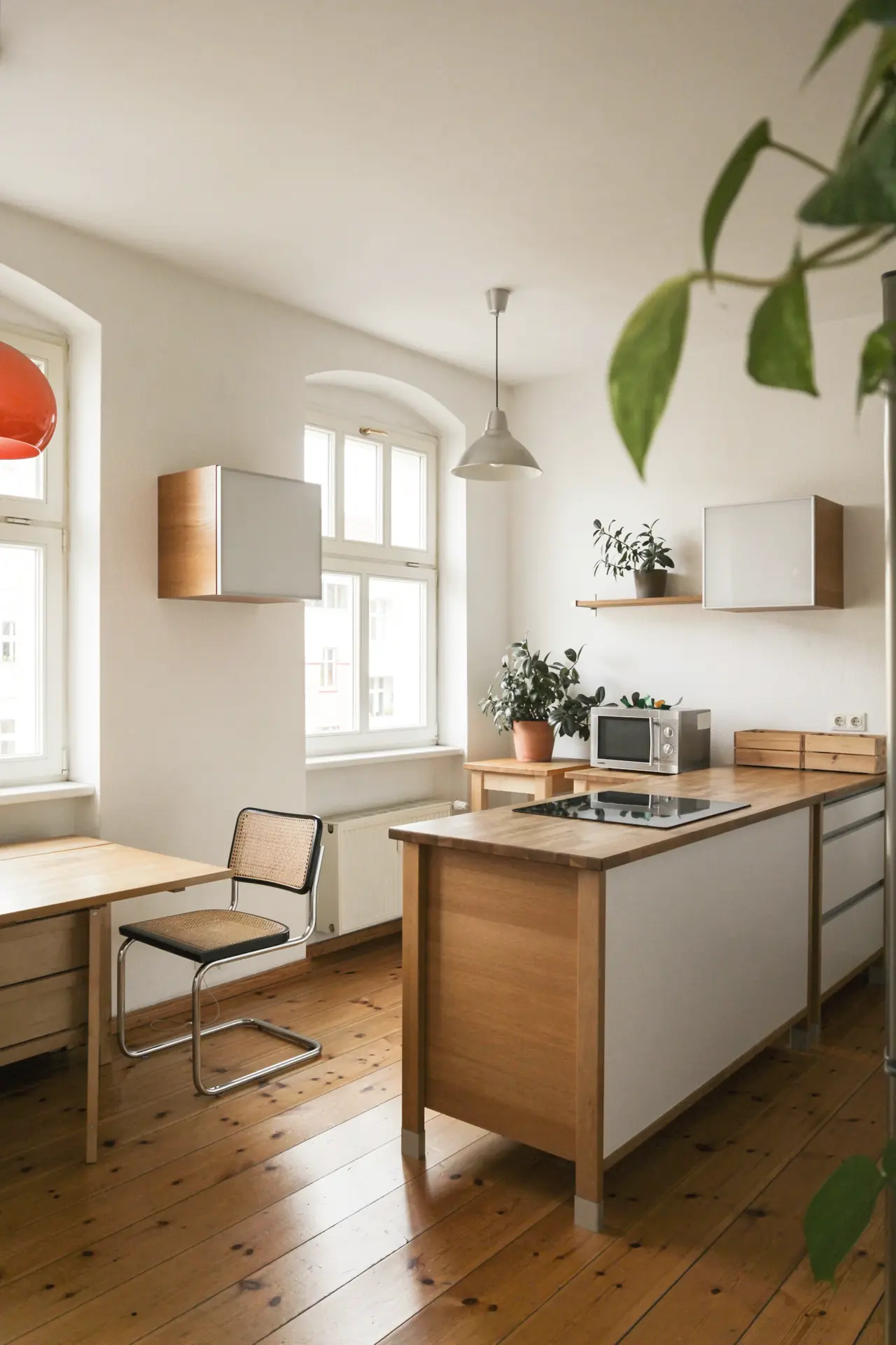 A warm, sunlit kitchen with timber cabinetry