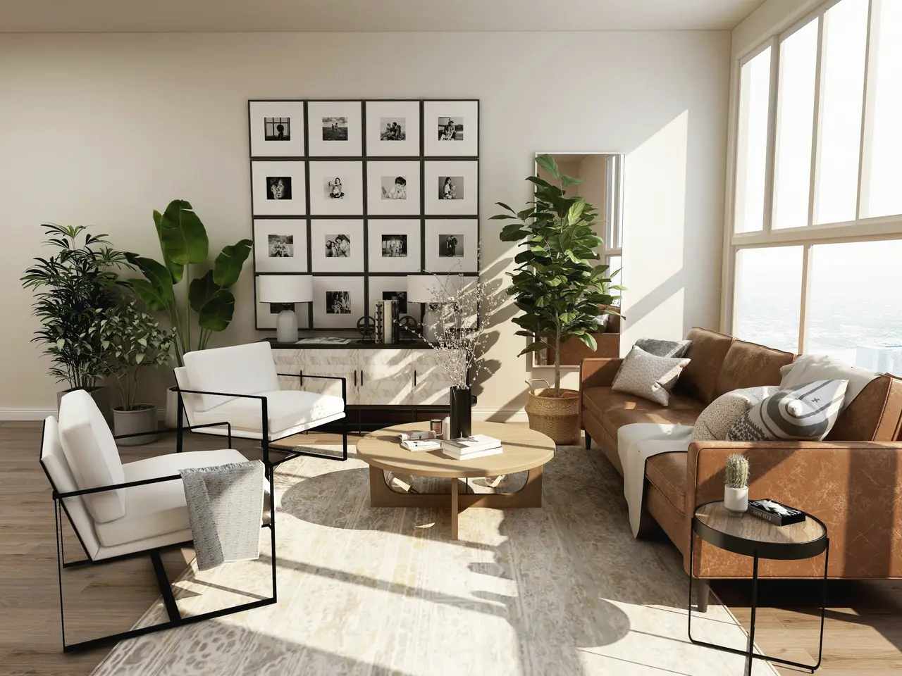 A sunny living room with a leather sofa and plants