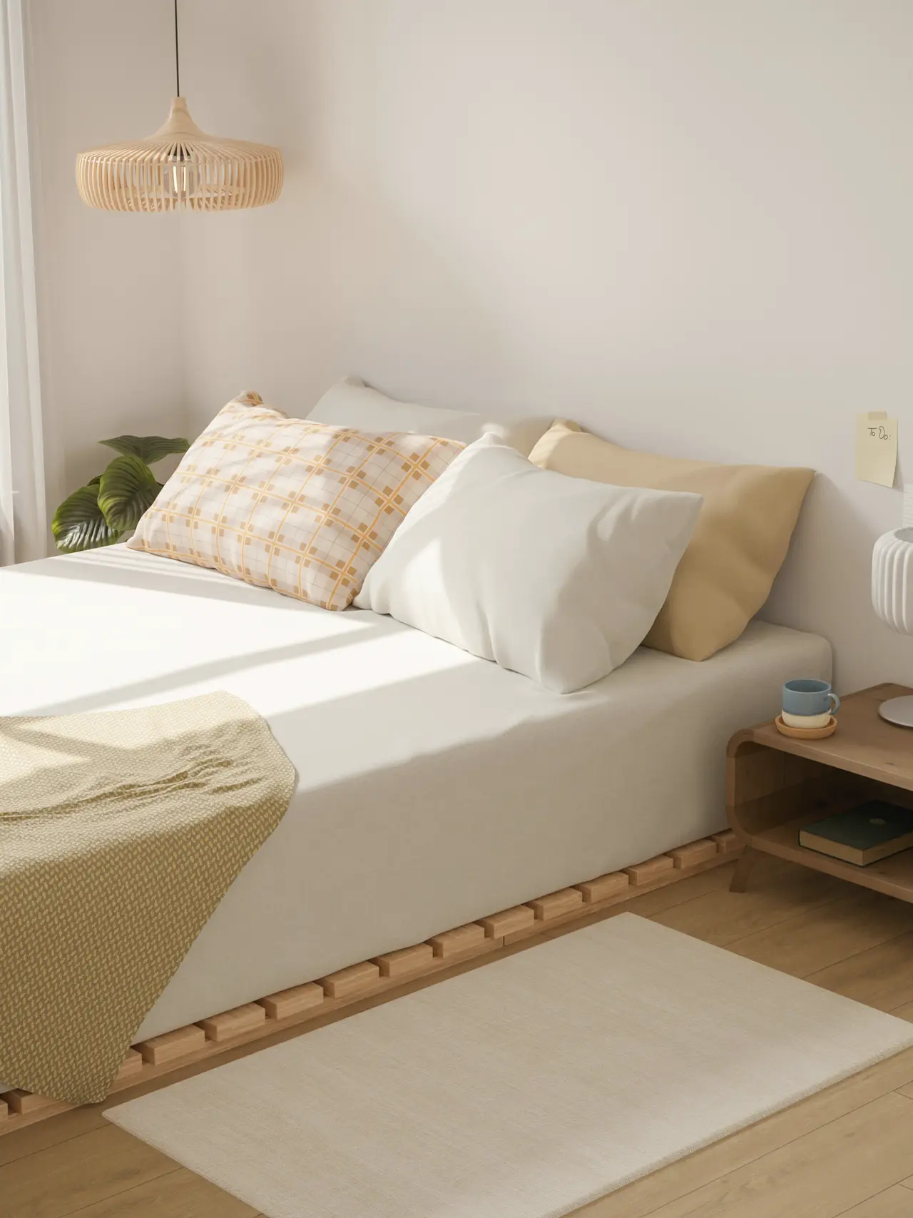 A neatly made bed with soft cushions in warm afternoon light